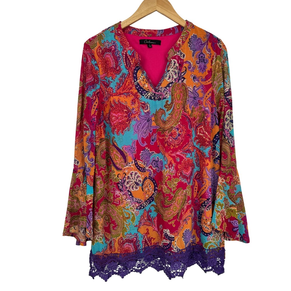 Caleaas Tunic Top Women's Large Pink Purple Lace Trim Paisley Print Bell Sleeve